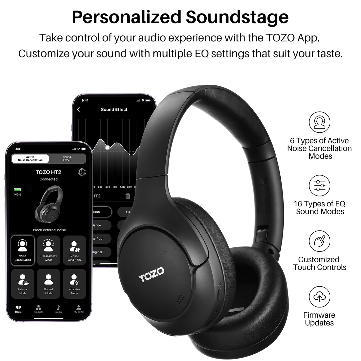 TOZO HT2 Hybrid Active Noise Cancelling Wireless Headphones-Black