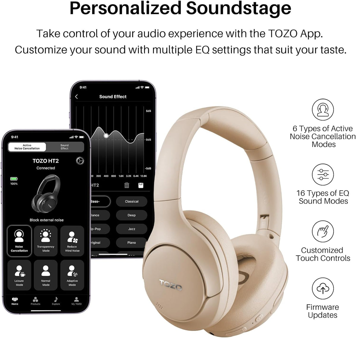 TOZO HT2 Hybrid Active Noise Cancelling Wireless Headphones-Khaki