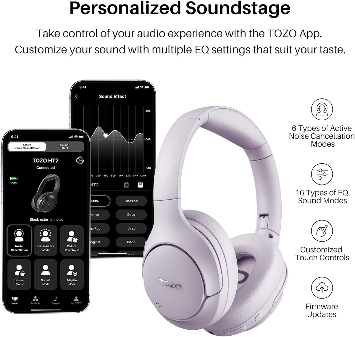 TOZO HT2 Hybrid Active Noise Cancelling Wireless Headphones-Purple