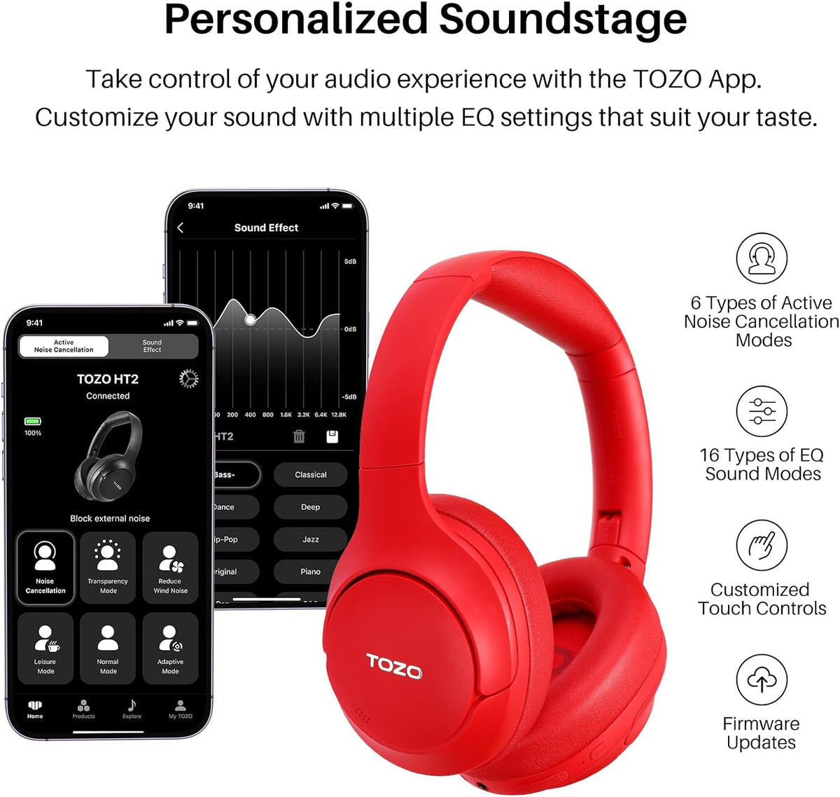 TOZO HT2 Hybrid Active Noise Cancelling Wireless Headphones-Dark Red