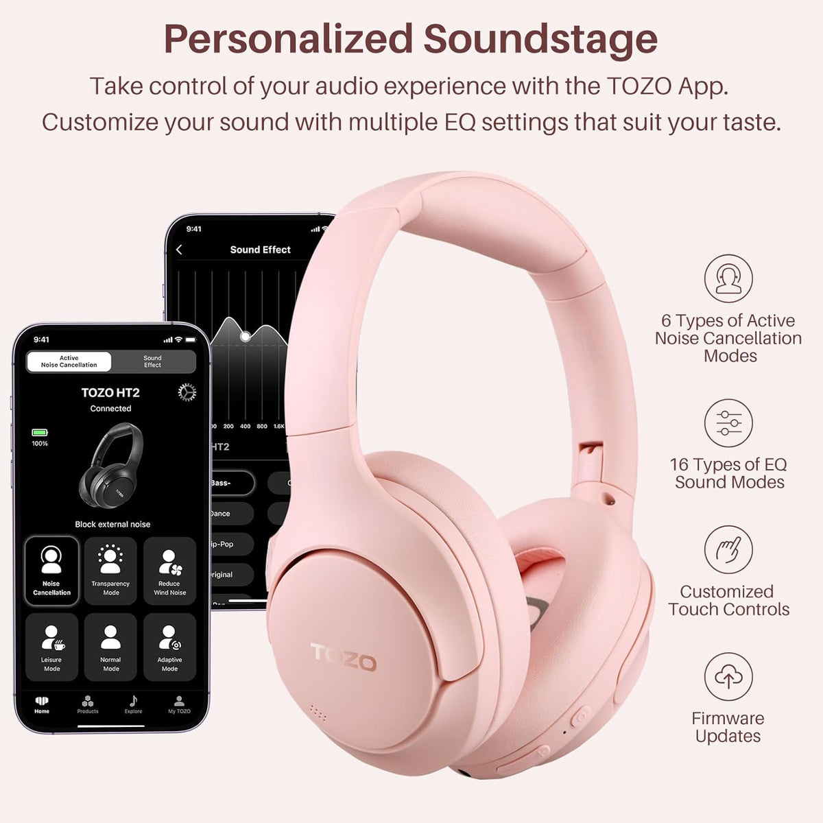 TOZO HT2 Hybrid Active Noise Cancelling Wireless Headphones-Pink