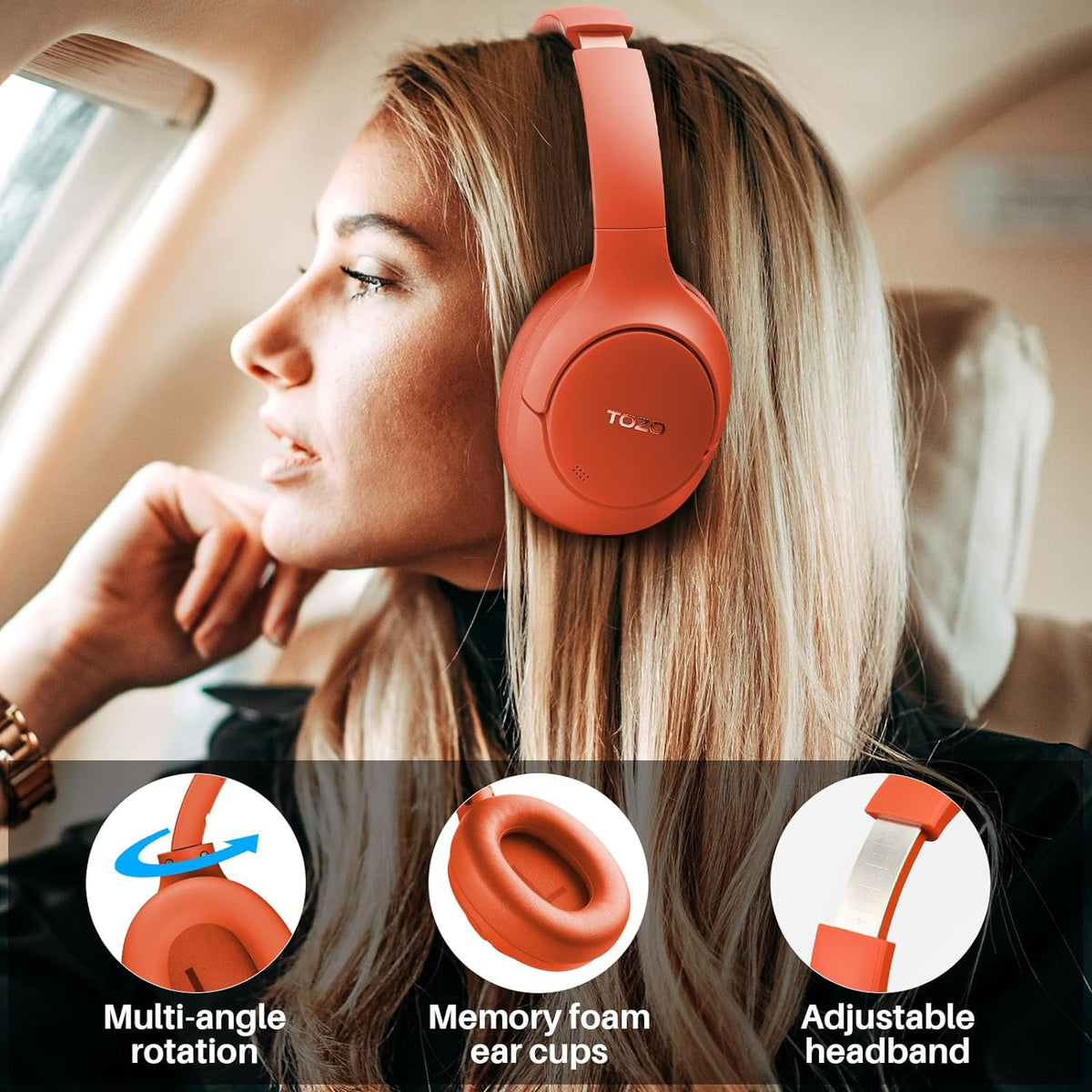 TOZO HT2 Hybrid Active Noise Cancelling Wireless Headphones-Red