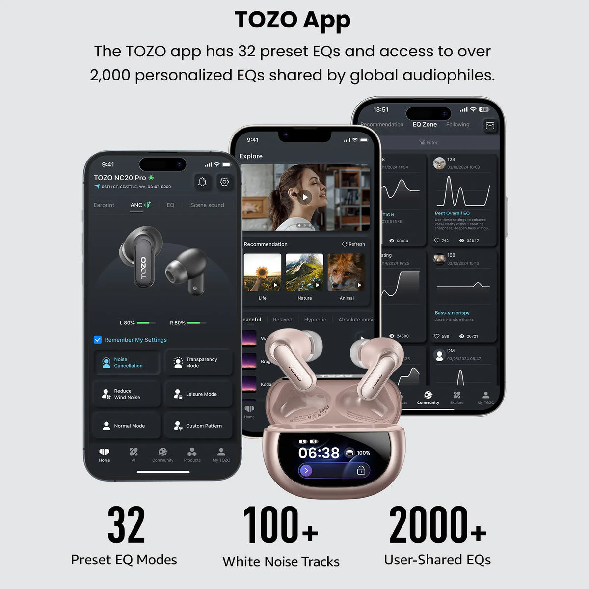 TOZO earbuds with smartphone displaying TOZO app interface on a light gray background