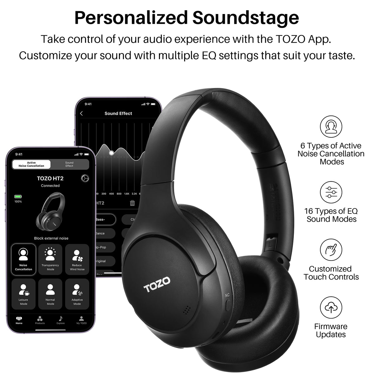 TOZO HT2 Wireless Over Ear Bluetooth Headphones ANC Noise Cancelling Hi-Res