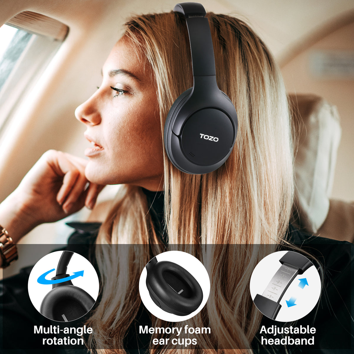 TOZO HT2 Hybrid Active Noise Cancelling Wireless Headphones-Black