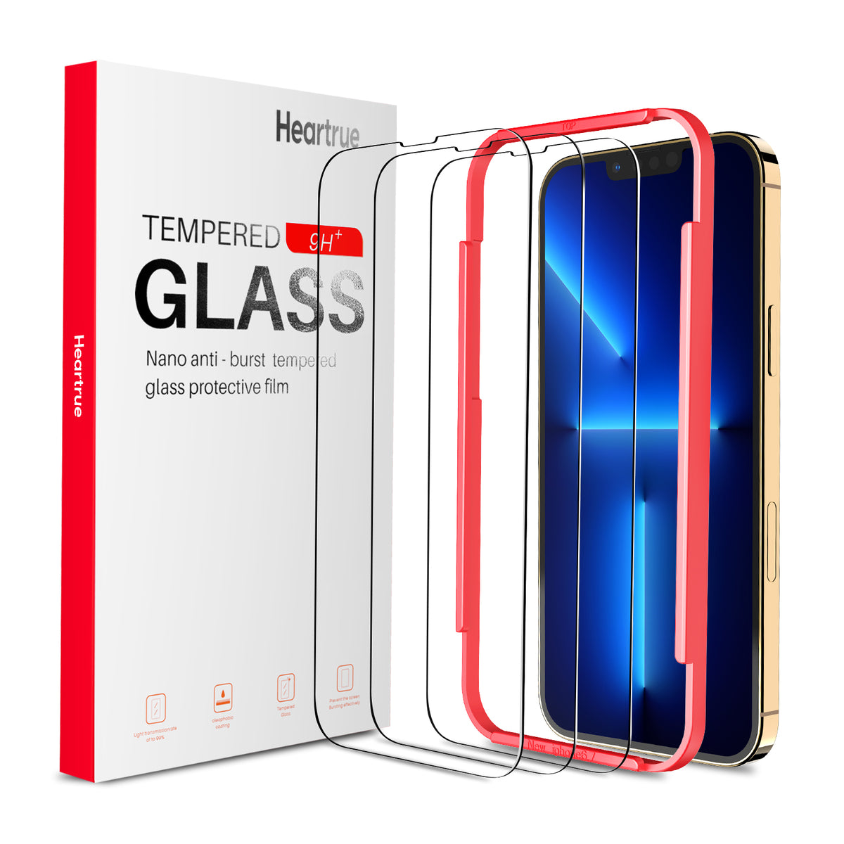 Protector de pantalla Heartrue compatible con iPhone 13 Mini de 5,4 pulgadas, paquete de 3, vidrio templado de primera calidad de 0,26 mm