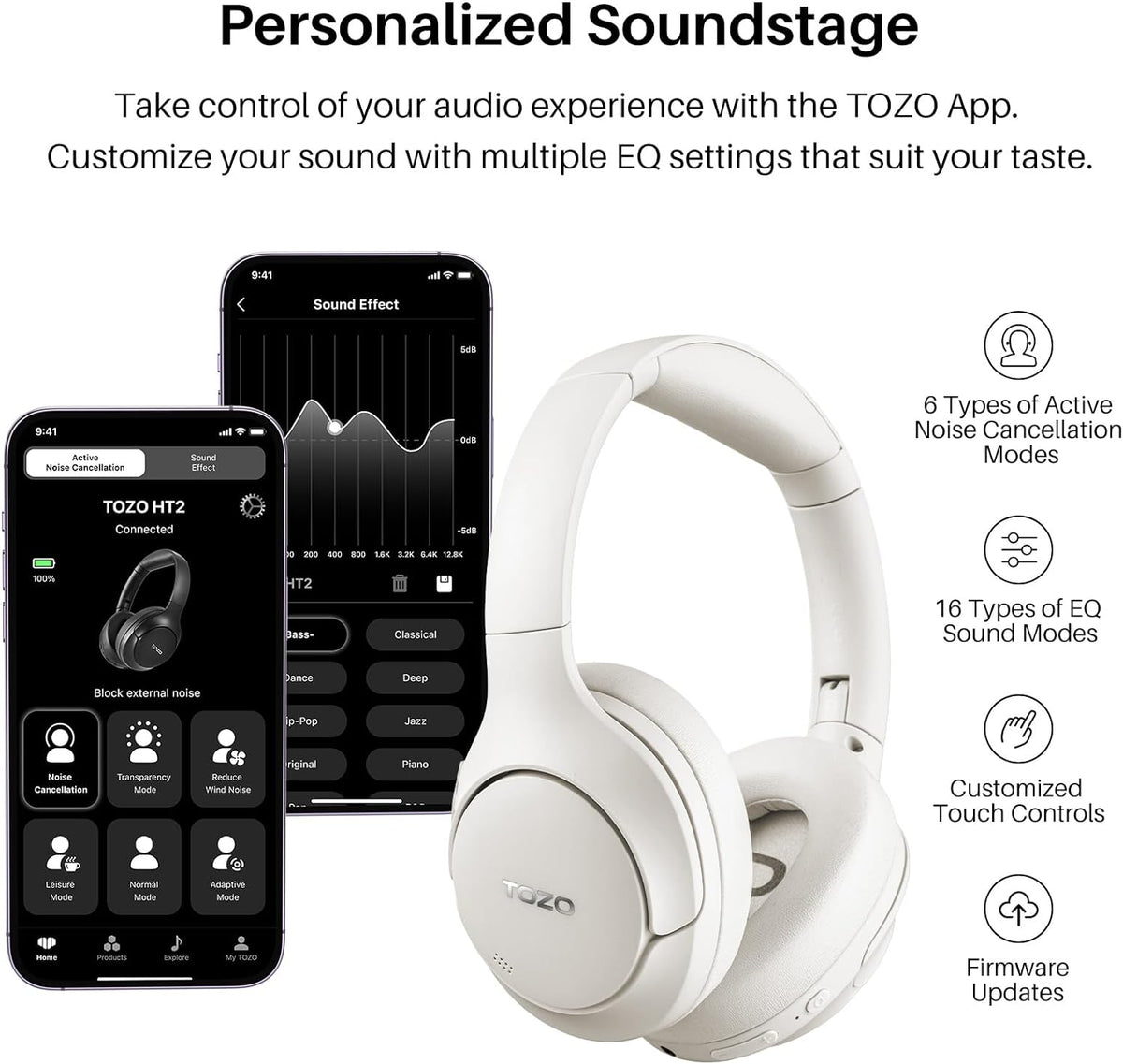 TOZO HT2 Hybrid Active Noise Cancelling Wireless Headphones-White