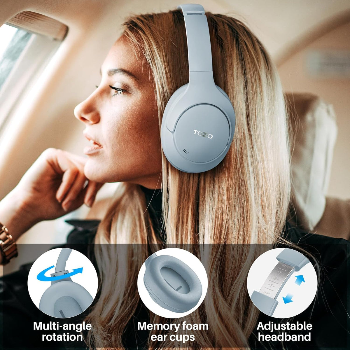  TOZO HT2 - Auriculares inalámbricos híbridos con cancelación  activa de ruido sobre la oreja, auriculares Bluetooth, tiempo de  reproducción de 56 horas, audio de alta resolución, graves profundos, audio  sin pérdidas