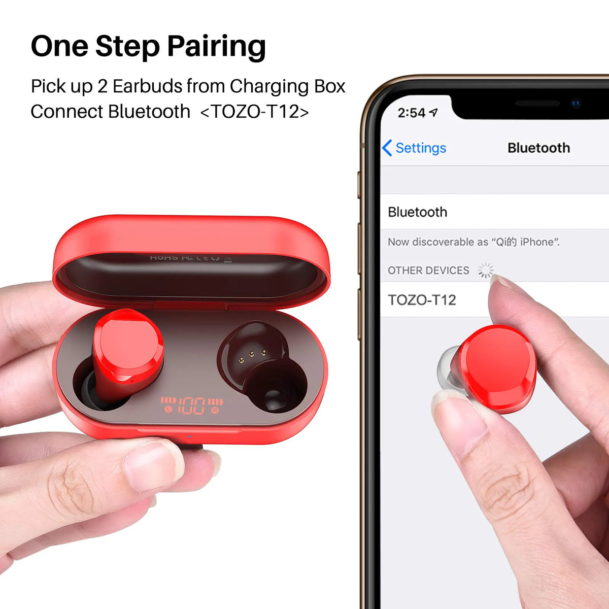 Auricolari Wireless TOZO T12 Rossi - IPX8 Impermeabili, Bluetooth, USB-C - Nuovi