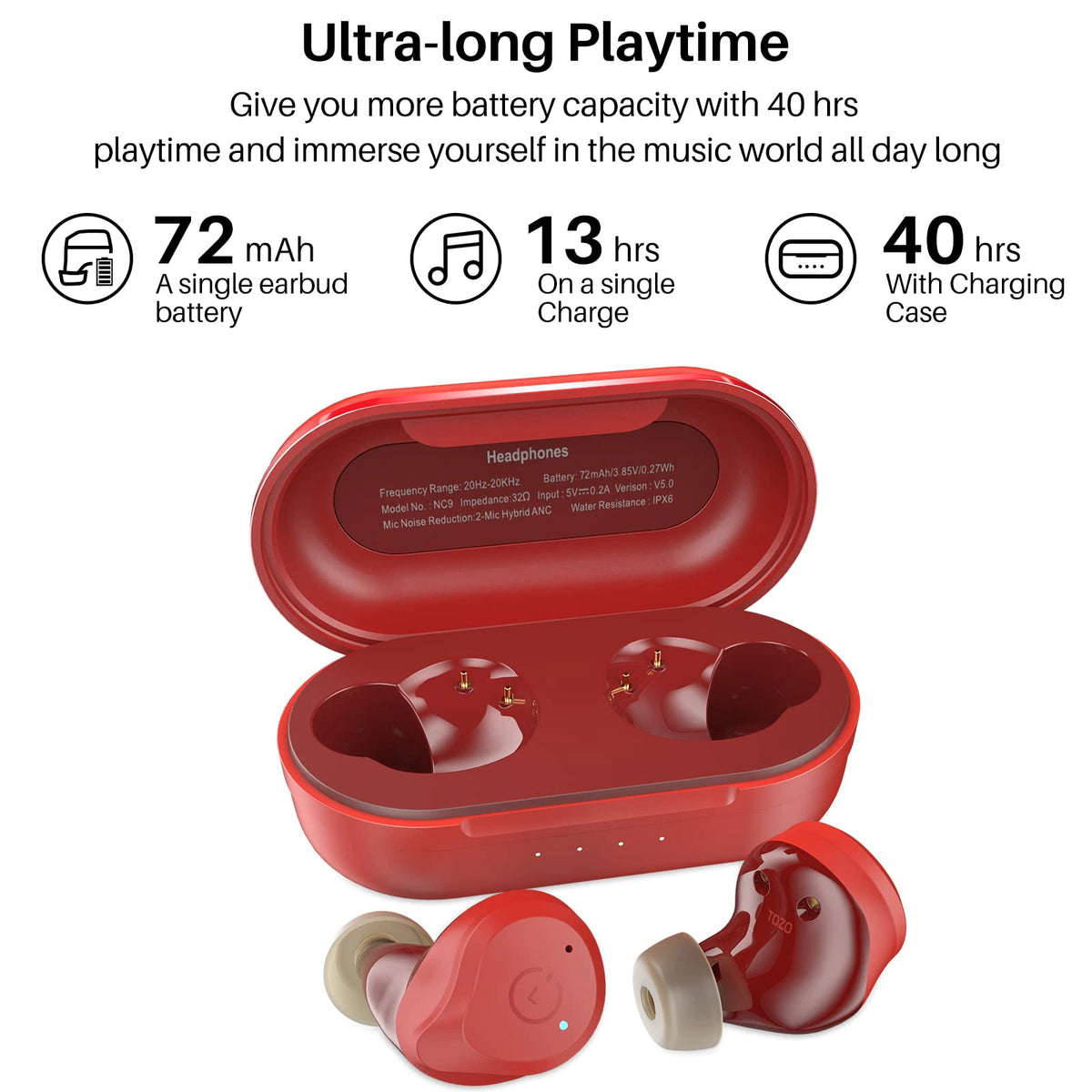 TOZO NC9 Hybrid Active Noise Cancelling Wireless Earbuds Built-in Dual Noise Cancelling Microphone