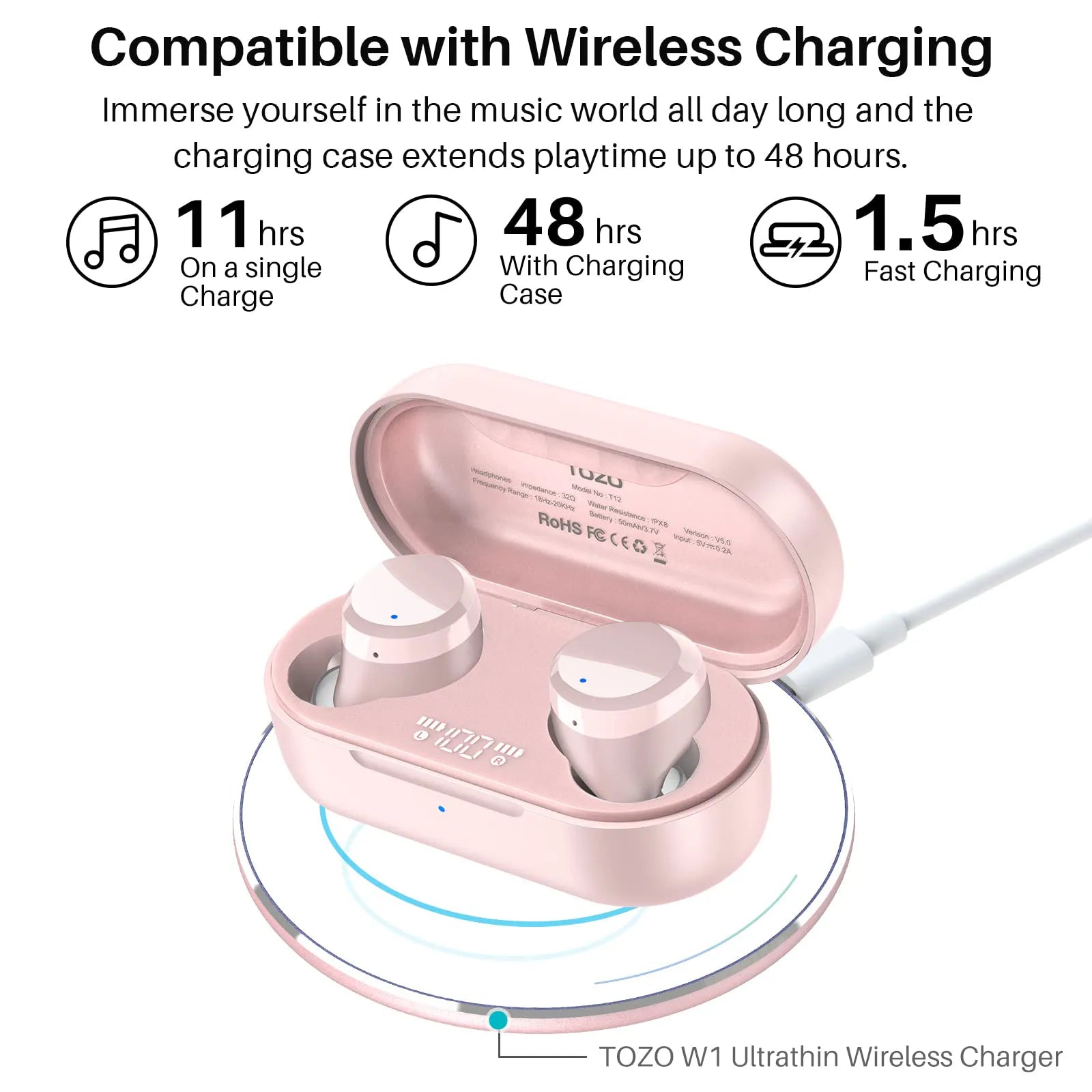 TOZO T12 ワイヤレスイヤホン ピンク T12 ワイヤレスイヤホン - IPX8 防水 - TOZO - TOZO Official