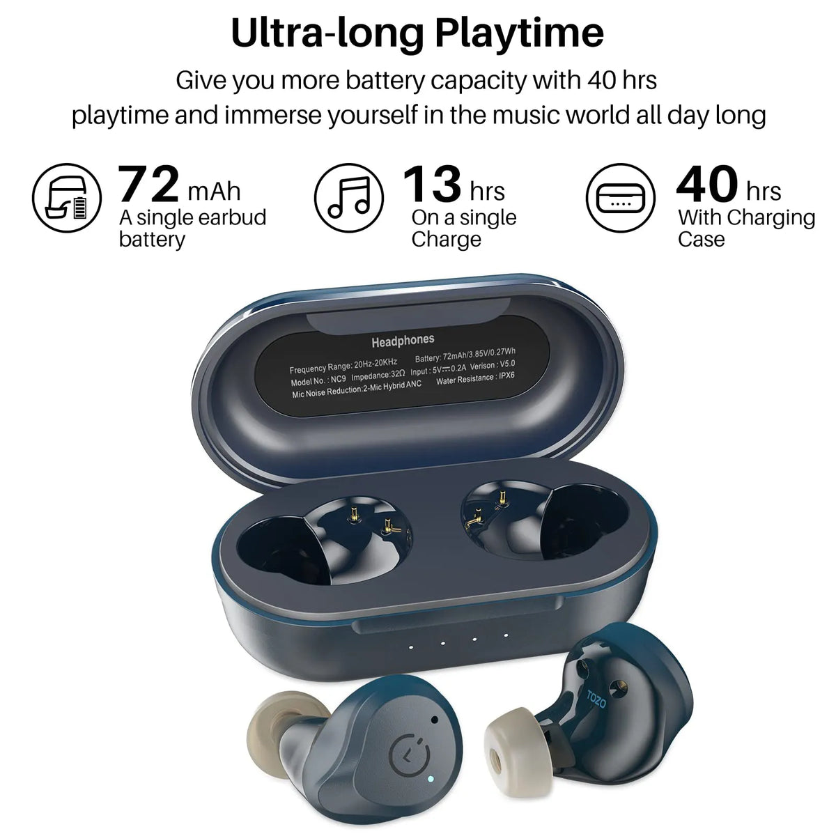 TOZO NC9 Hybrid Active Noise Cancelling Wireless Earbuds