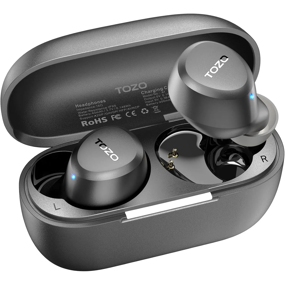 True wireless earbuds in a charging case with TOZO branding on a white background