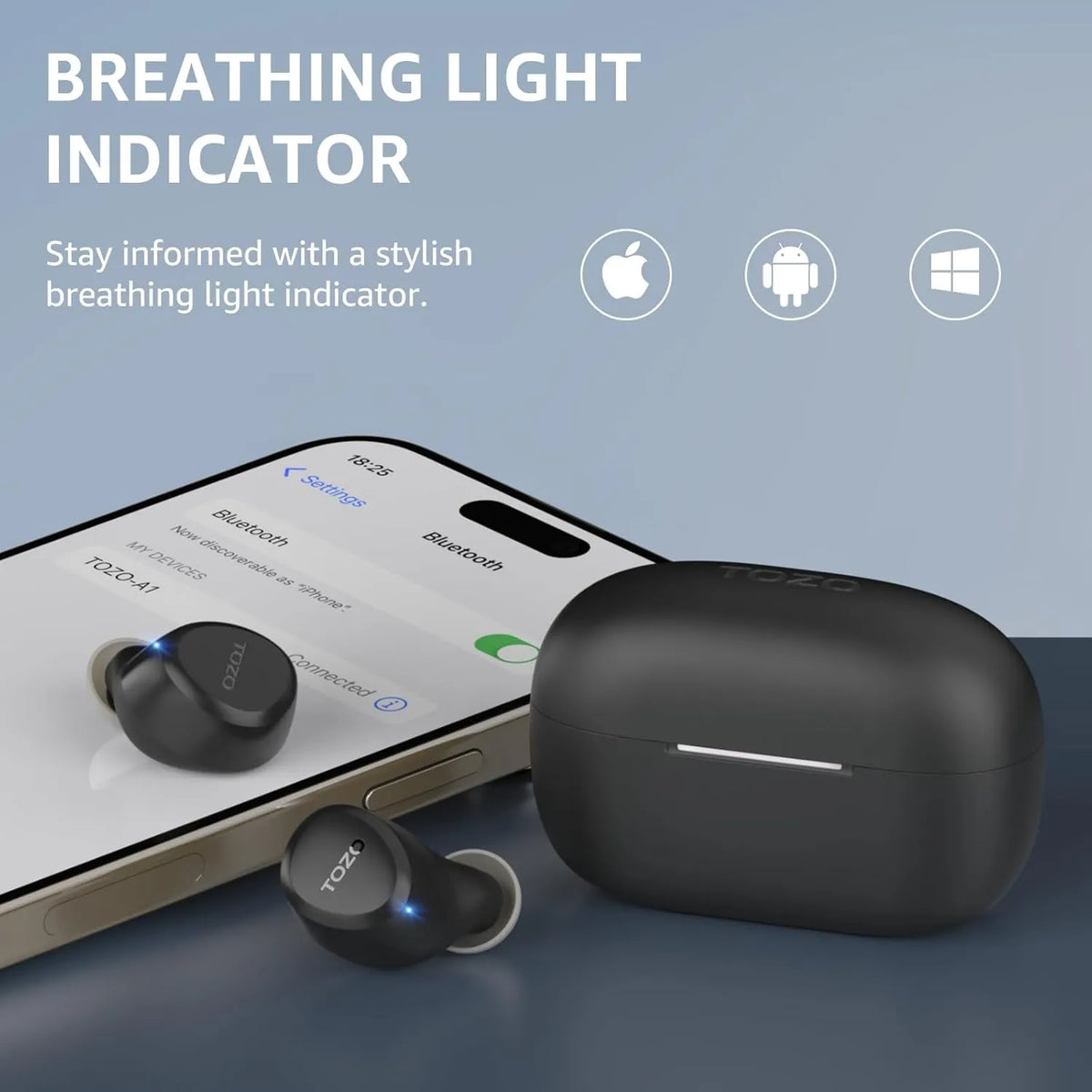 True wireless earbuds with charging case and smartphone displaying Bluetooth connection on a blue gradient background.