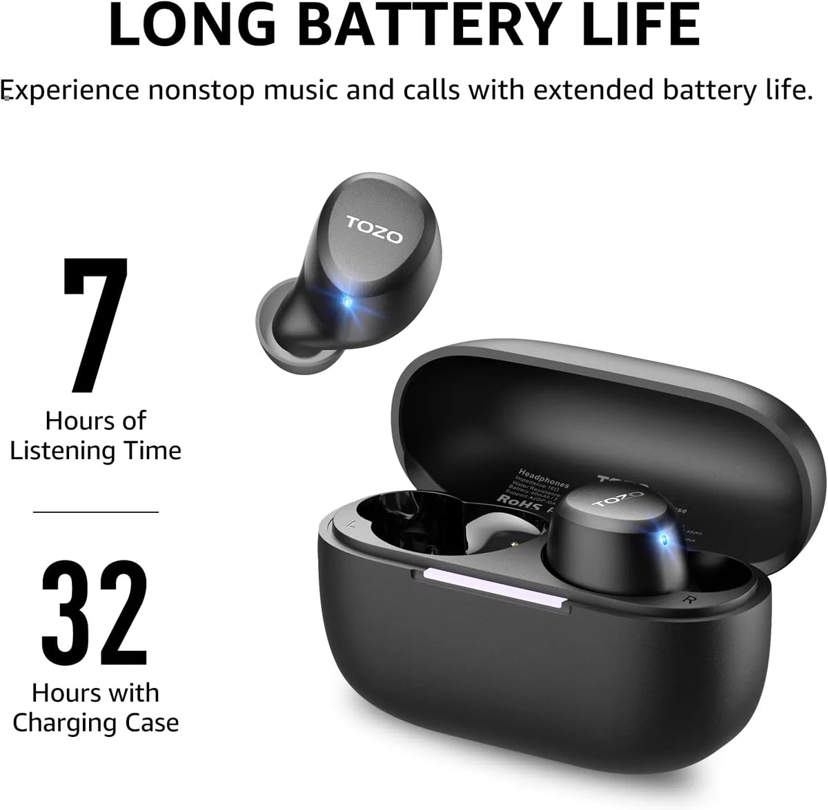 Black wireless earbuds with charging case and TOZO branding, featuring battery life text.