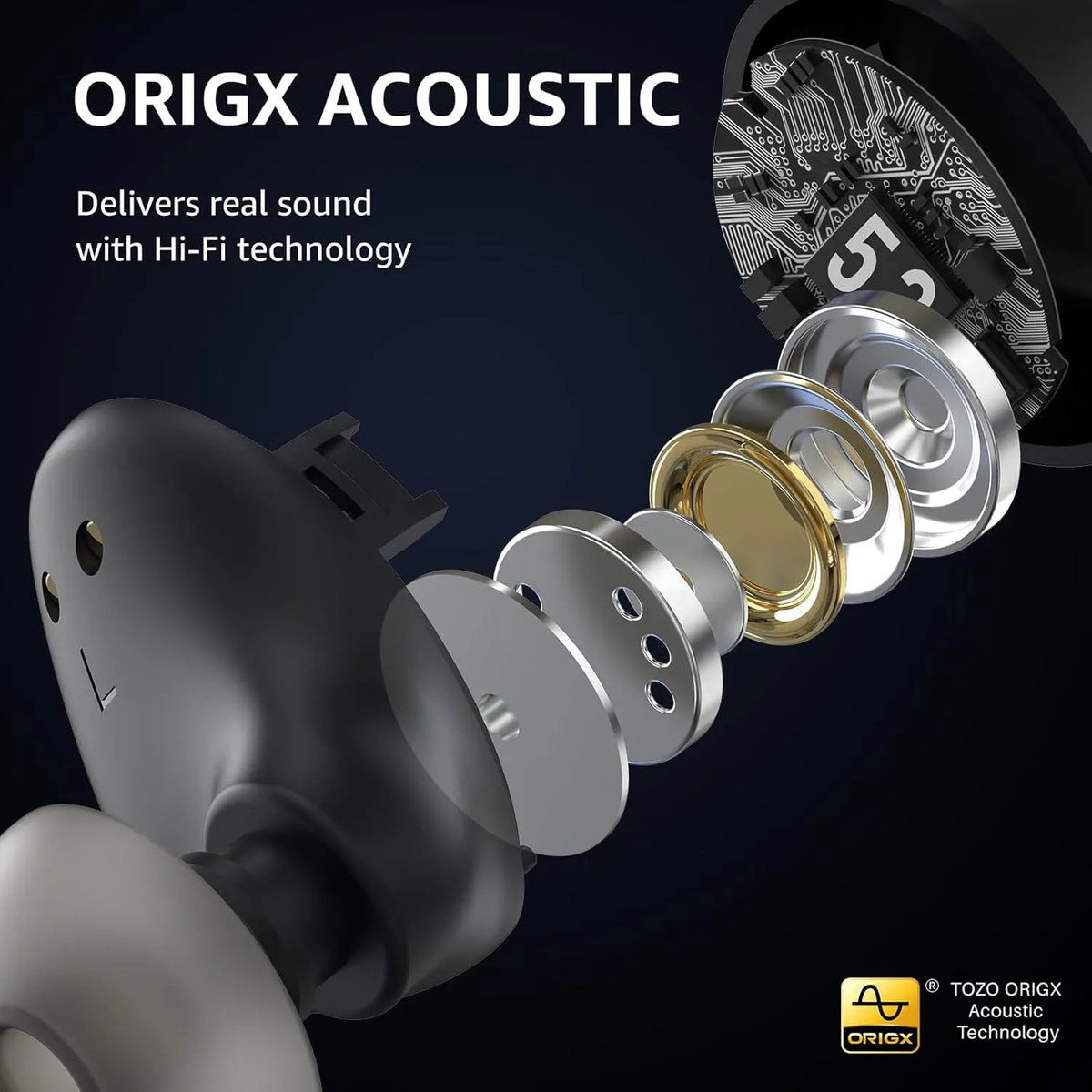 ORIGX Acoustic earbud with close-up of internal components on a dark background