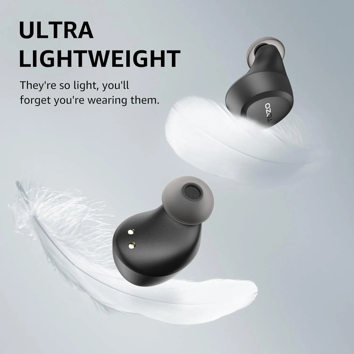 Ultra lightweight wireless earbuds on a light gray background with text highlighting their weightlessness.
