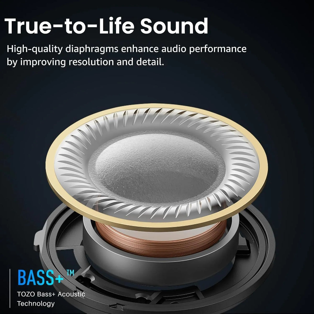 Speaker driver with high-quality diaphragms and text about True-to-Life Sound and TOZO Bass+ Acoustic Technology.