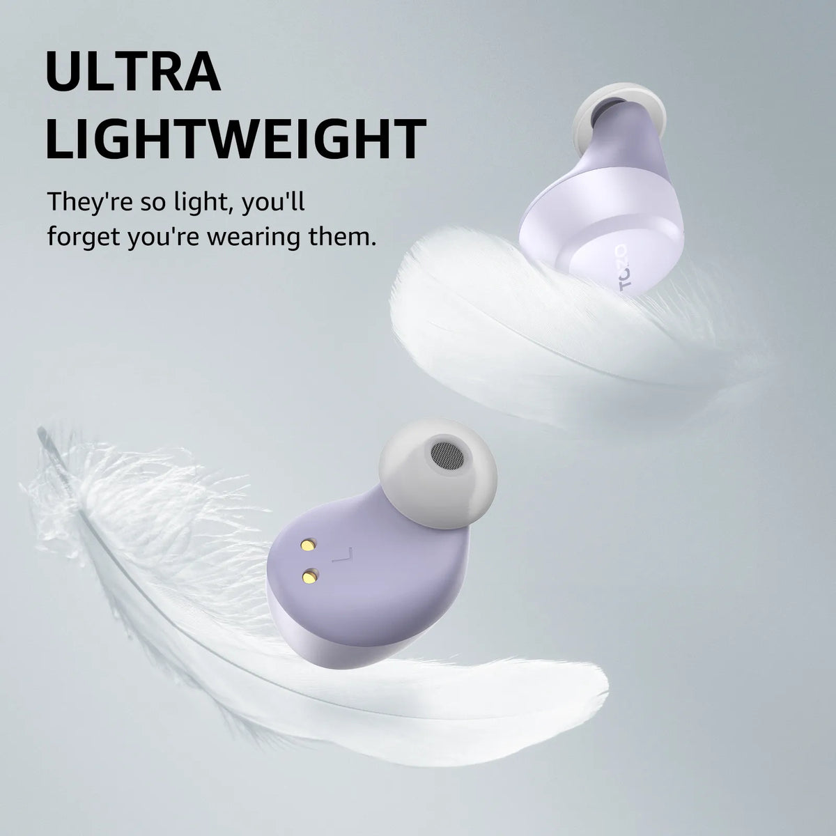 Ultra lightweight purple earbuds on a gray background with feather for scale.