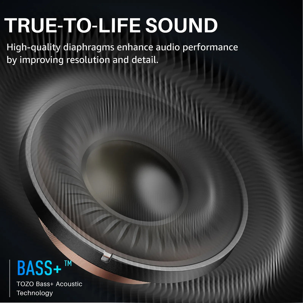 Speaker driver with 'True-to-Life Sound' text and 'BASS+' branding on a dark background