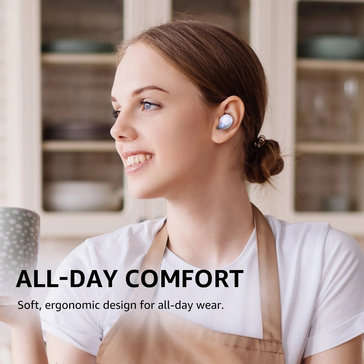 Woman wearing wireless earbuds with text about comfort and design.