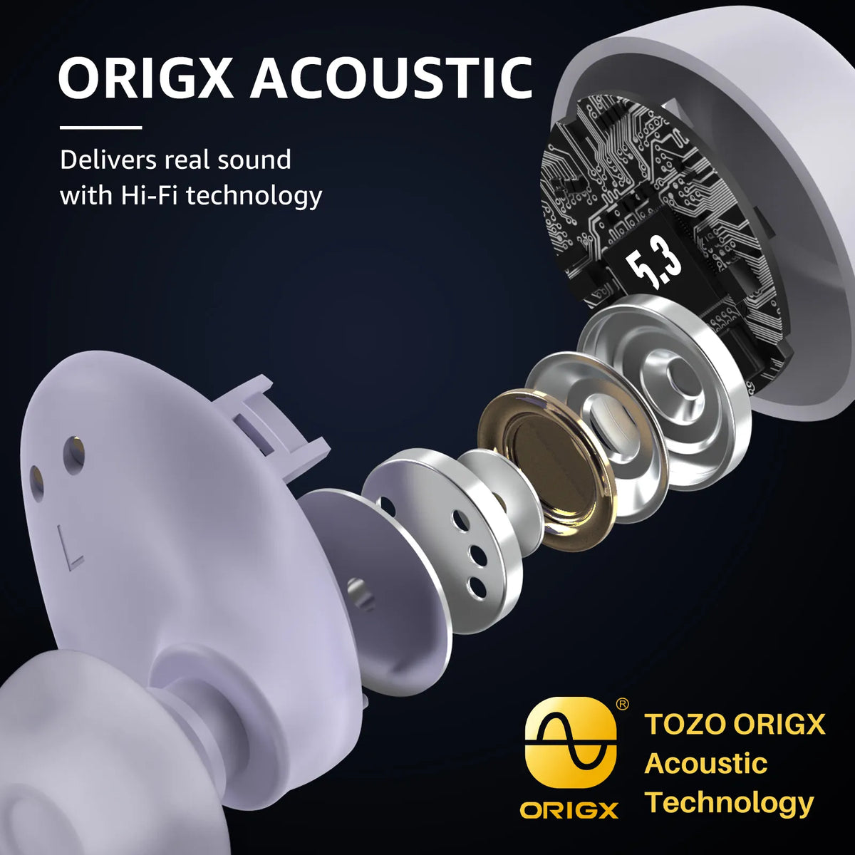 ORIGX Acoustic earbud components with visible technology and branding on a dark background