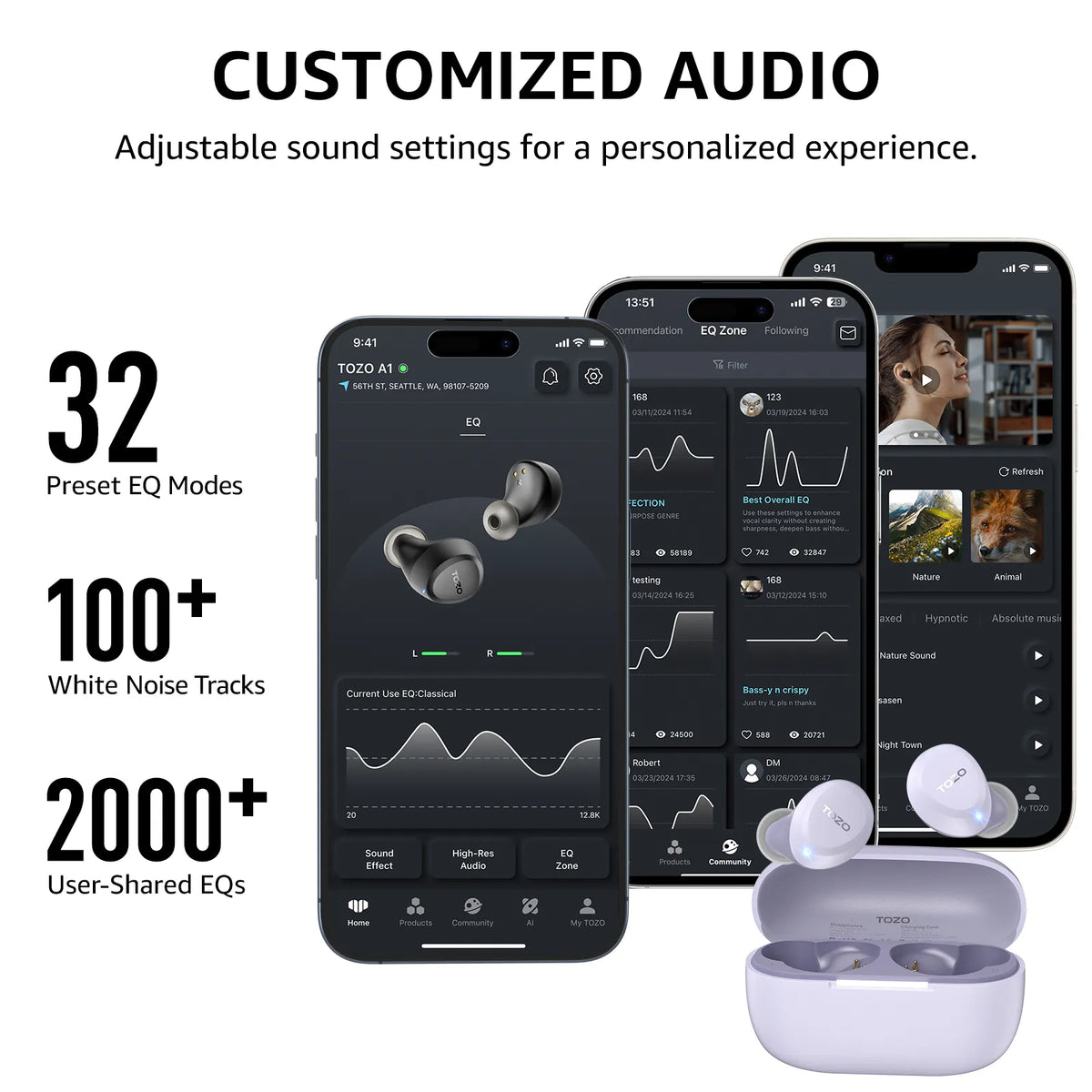 Smartphone with earbud display and text about customizable audio settings.