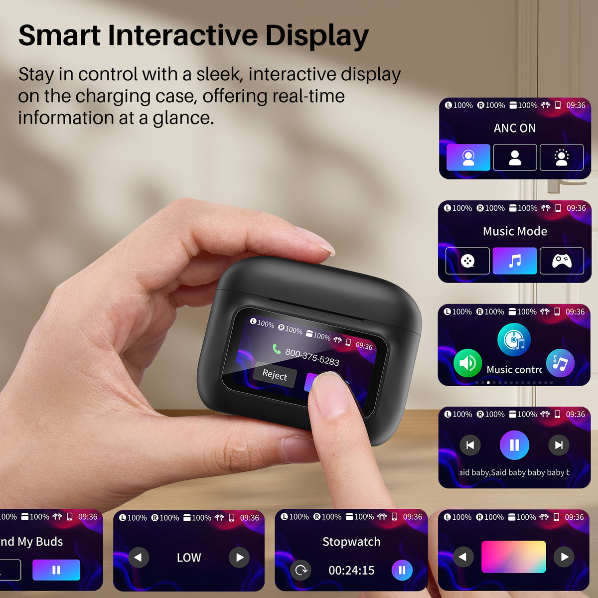 Smart interactive display on a charging case held by a hand, with various screen icons displayed.