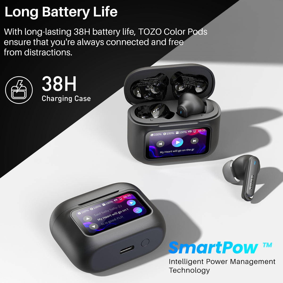 Wireless earbuds with charging case on a white background, highlighting long battery life and SmartPow technology.