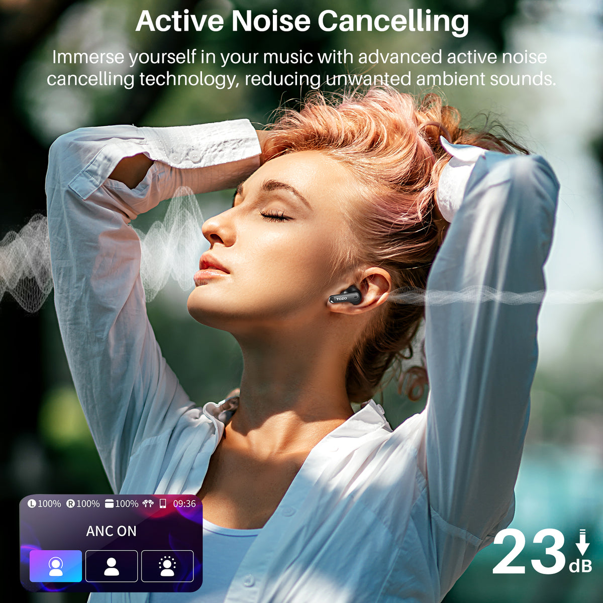 Woman wearing wireless earbuds with active noise cancelling text overlay