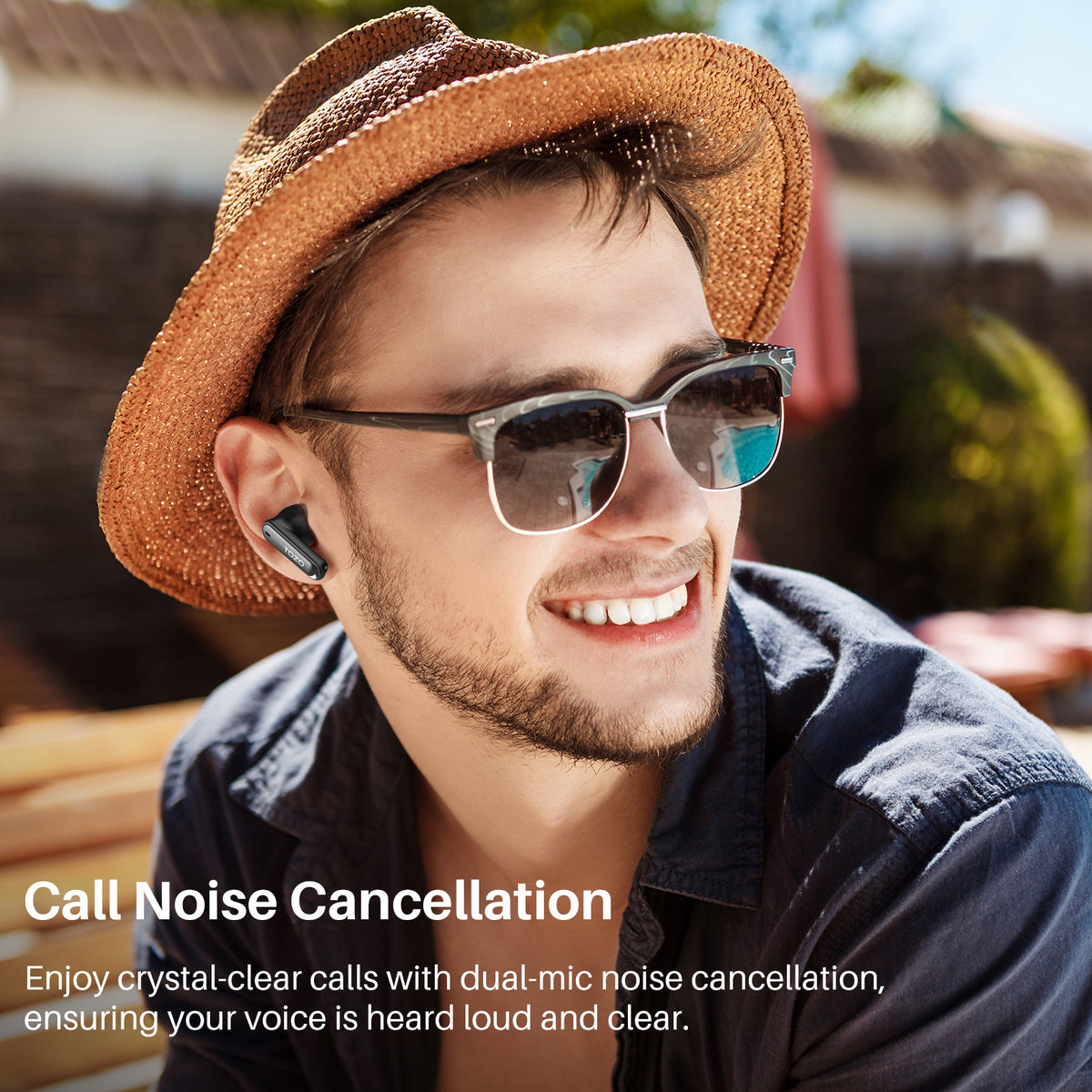 Man wearing a straw hat and sunglasses with text about call noise cancellation.