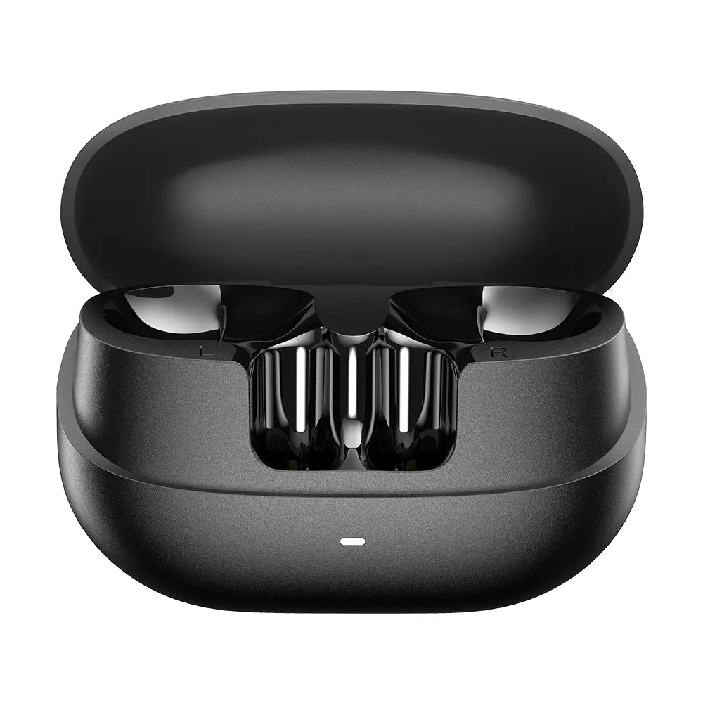 Black wireless earbuds in a charging case on a white background