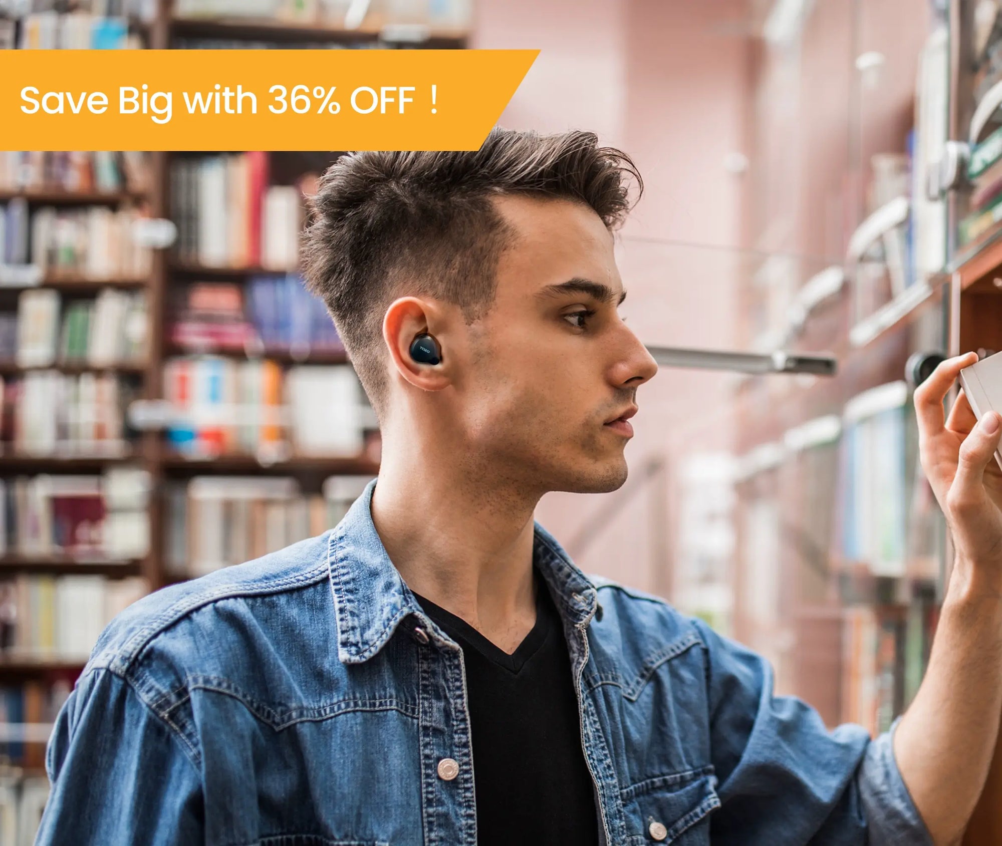 Man wearing TOZO NC7 Wireless Earbuds