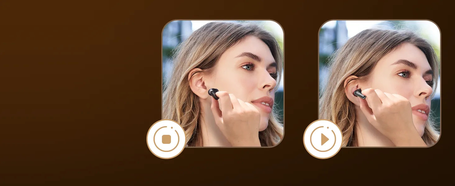 Two views of a woman using earbuds with a brown background