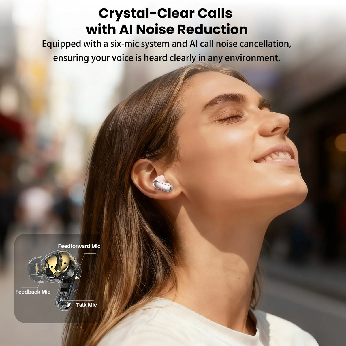 Woman wearing wireless earbuds with text about crystal-clear calls and AI noise reduction.
