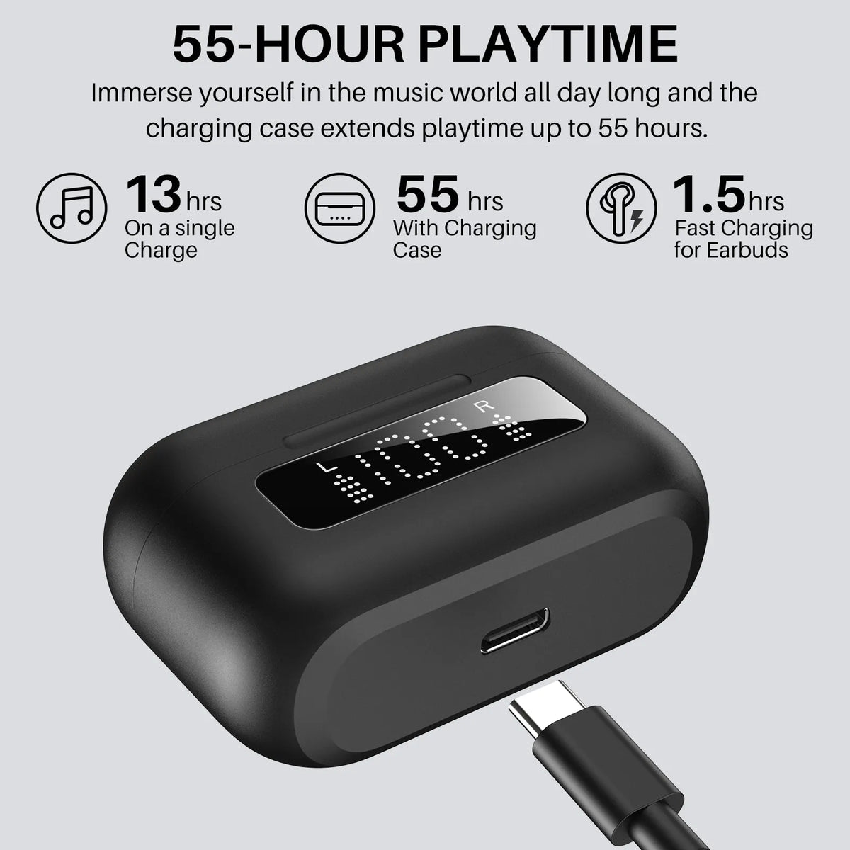 Black charging case with digital display and USB cable, featuring battery life information on a light gray background.
