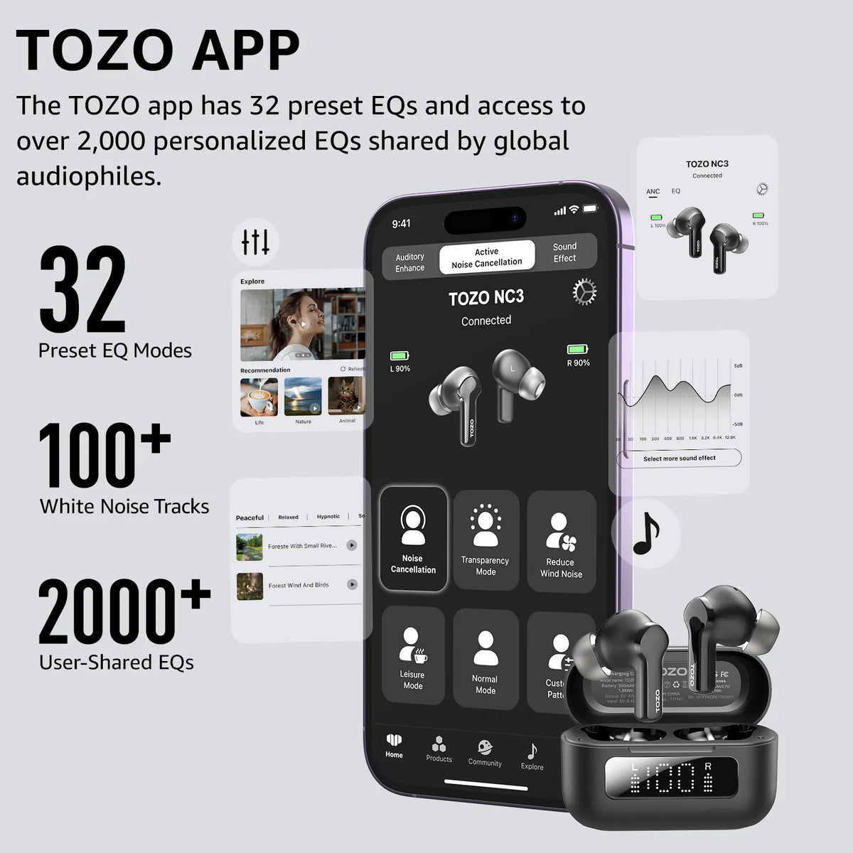 Smartphone displaying TOZO app with wireless earbuds on a gray background