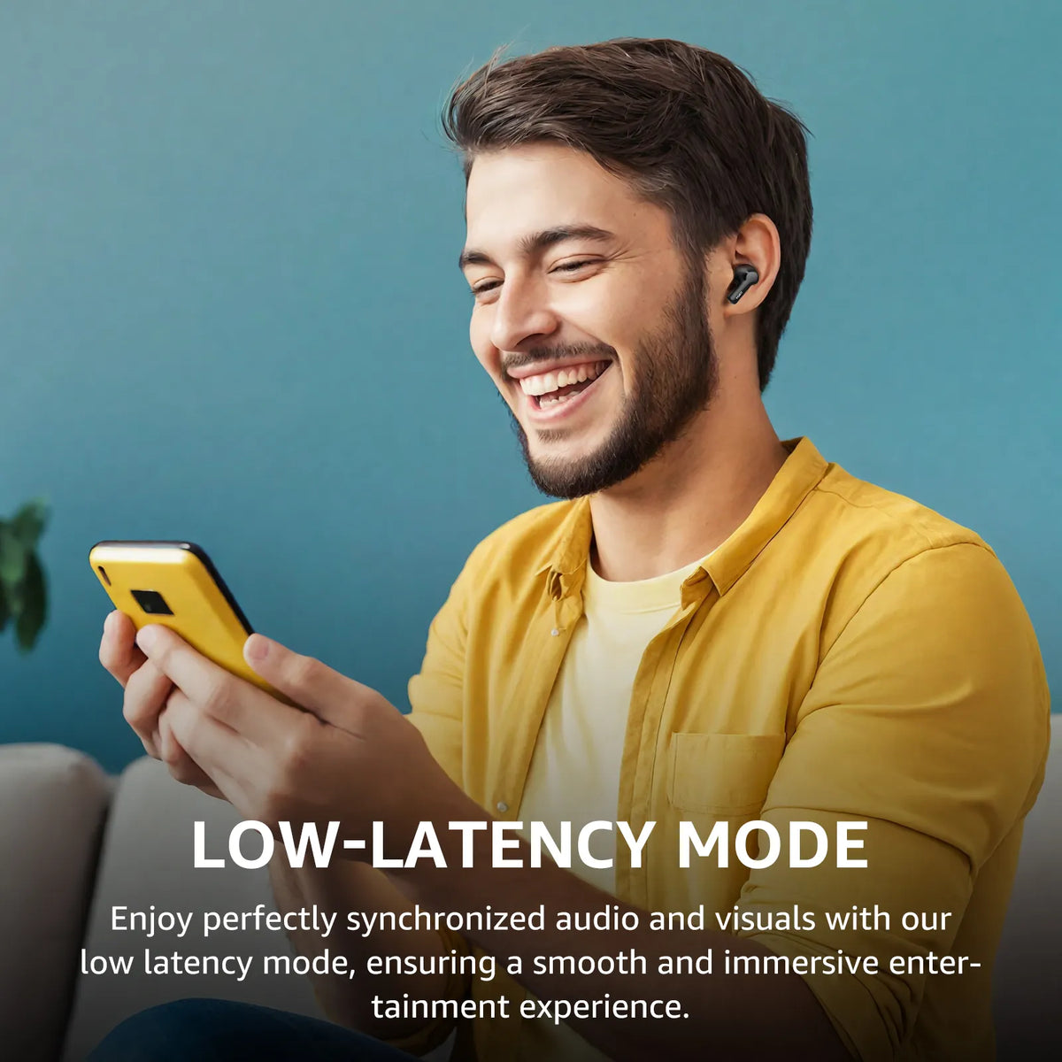 Man using a smartphone with text about low-latency mode
