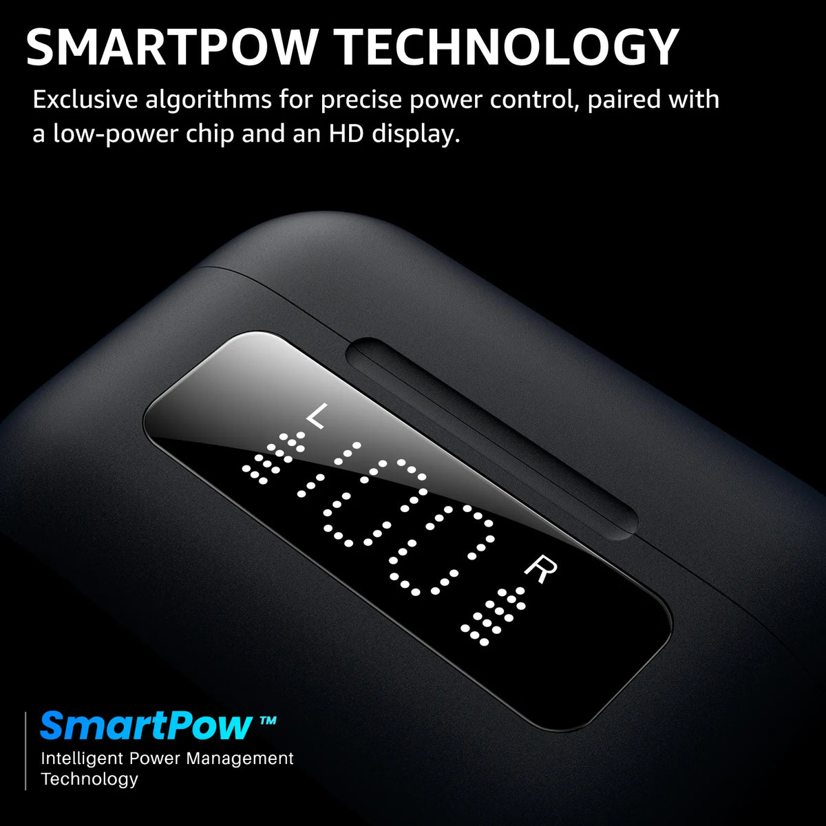 SmartPow technology display with power control and chip information on a black background