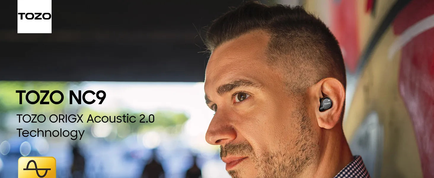 Man wearing TOZO NC9 earbuds with product details displayed.