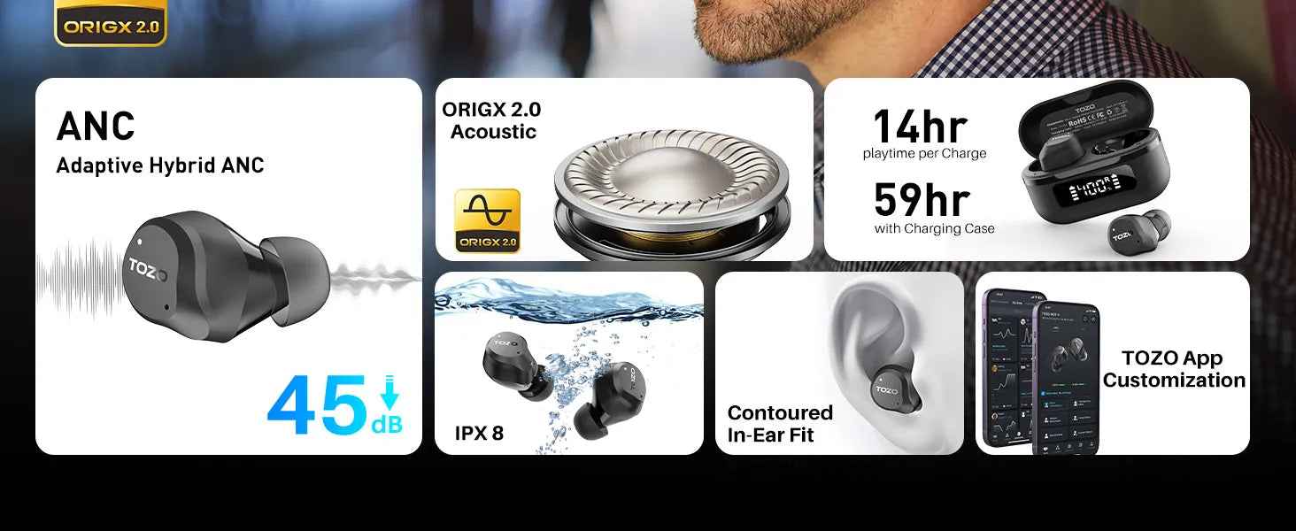 Product features of earbuds with TOZO branding on a dark background