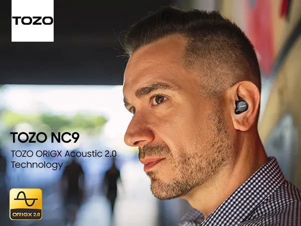 Man wearing TOZO NC9 earbuds with product details displayed.