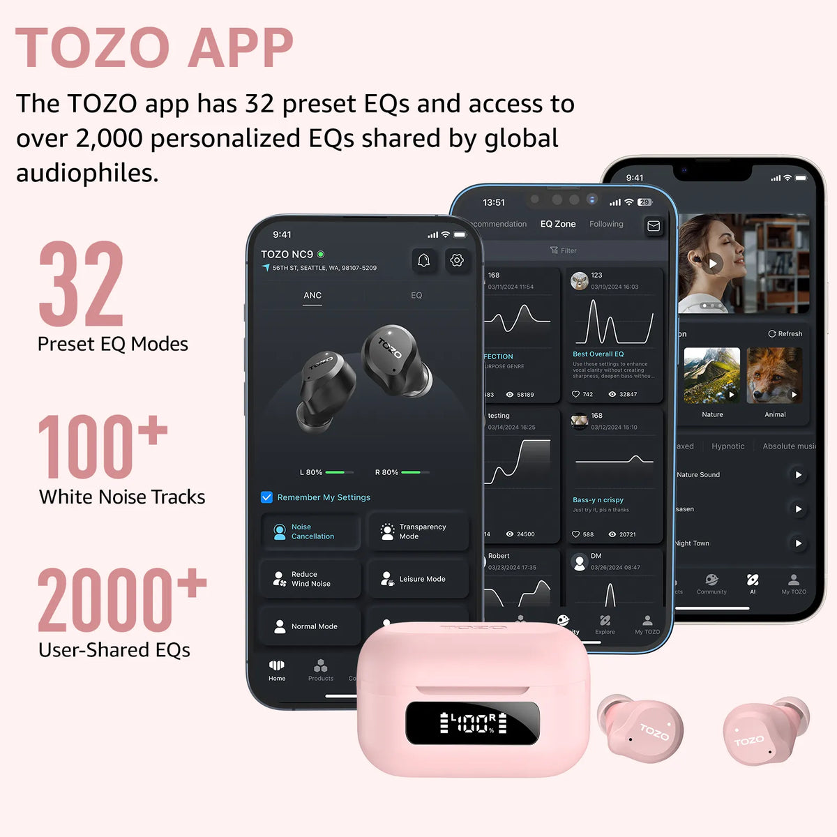 TOZO NC9 2024 Upgraded Hybrid Active Noise Cancelling Wireless Earbuds