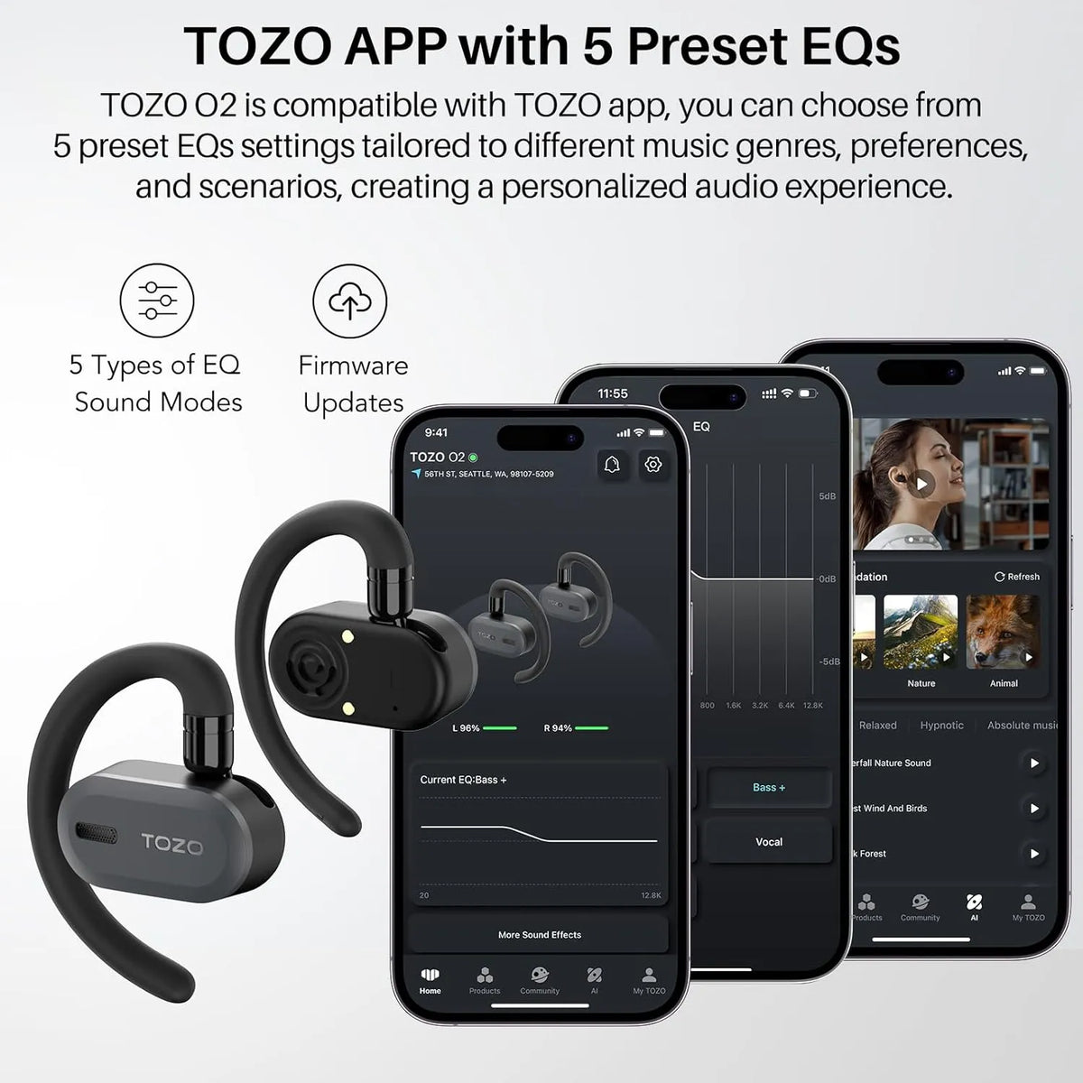 TOZO Open Buds-Lightweight True Open Ear Wireless Earbuds-Black