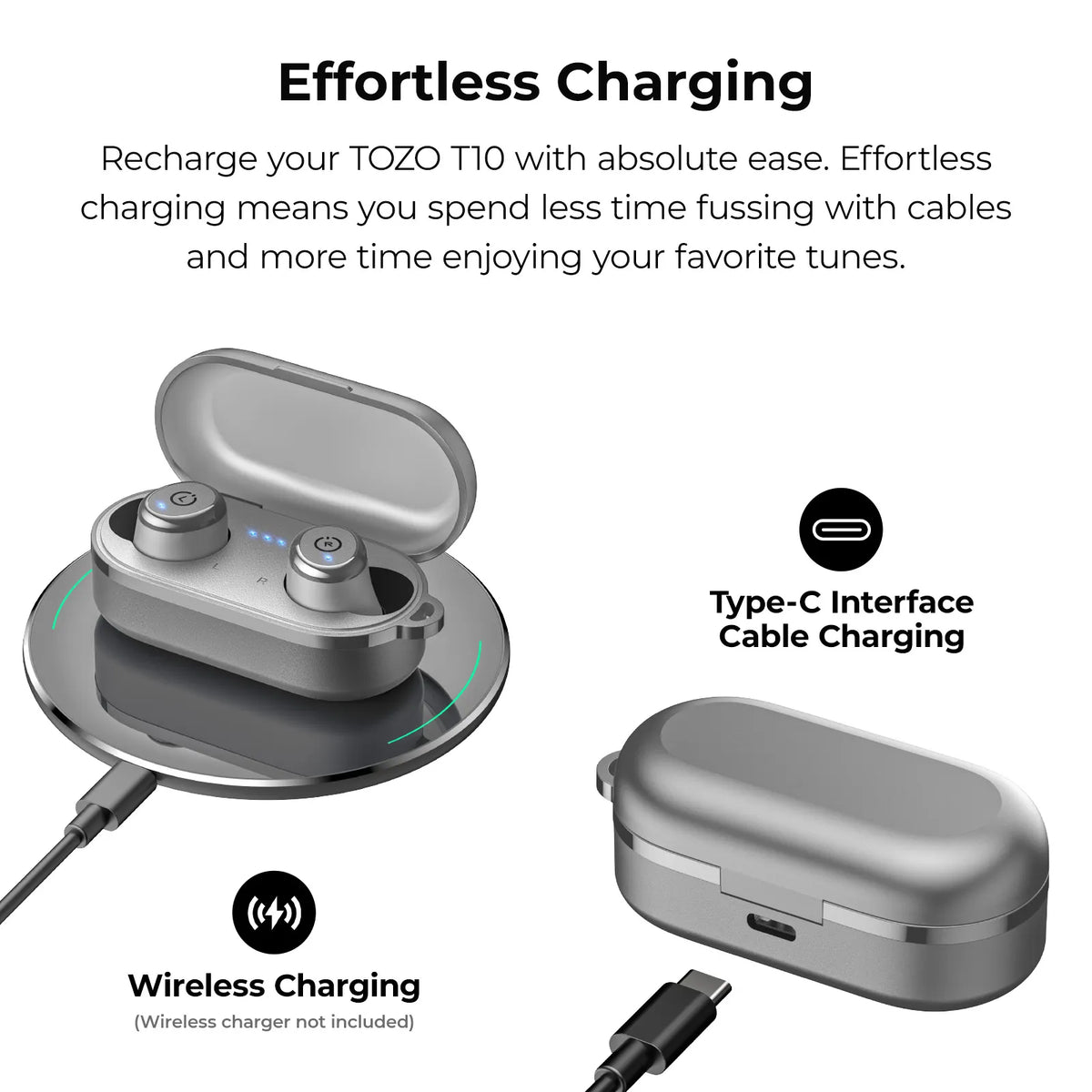 t10 matte gray wireless earbuds