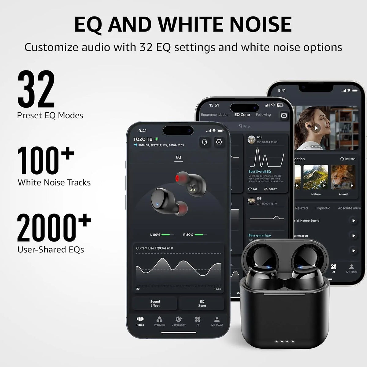 Auriculares inalámbricos verdaderos TOZO T6 con Bluetooth 5.3, control táctil y estuche de carga inalámbrica, auriculares estéreo impermeables IPX8, micrófono incorporado, graves profundos premium