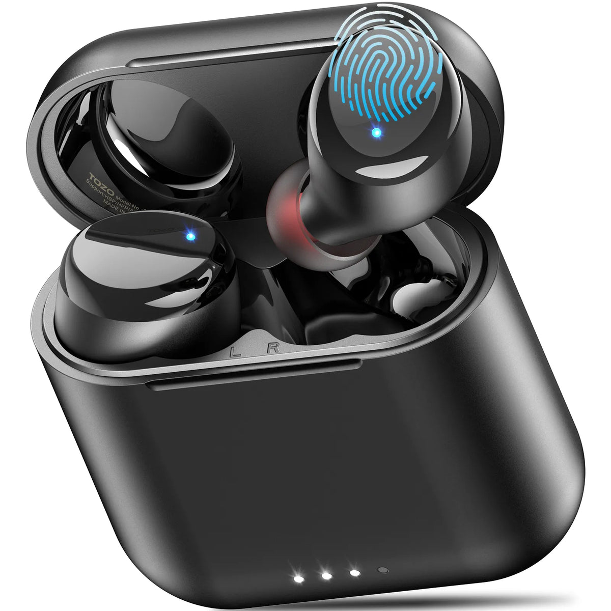 Black wireless earbuds with charging case on a white background