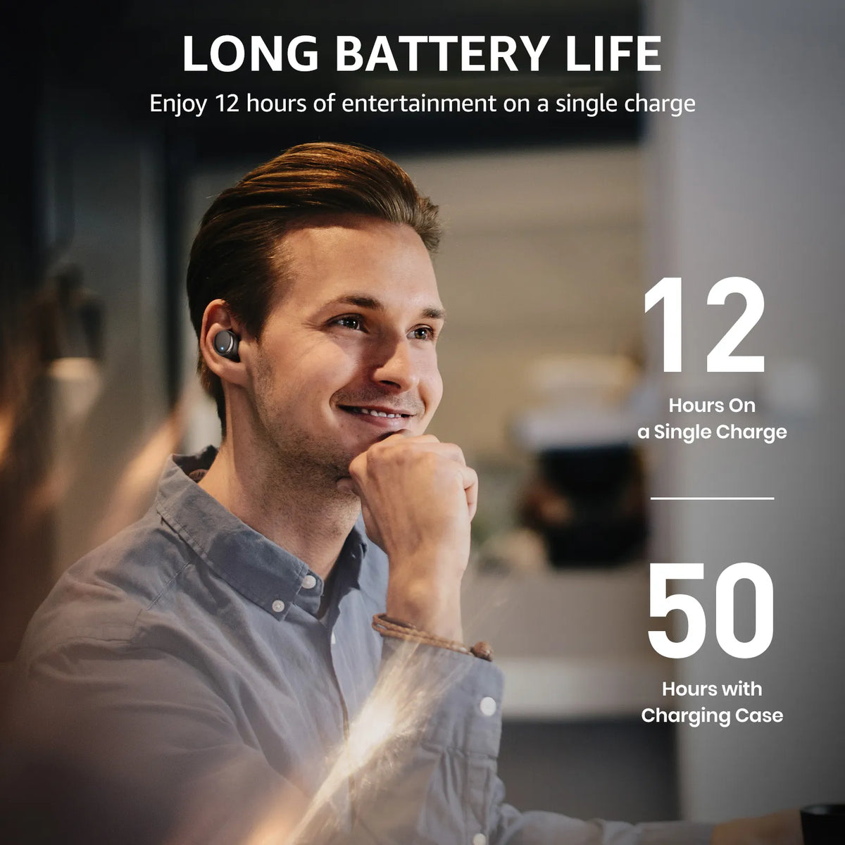 Man wearing wireless earbuds with battery life text overlay