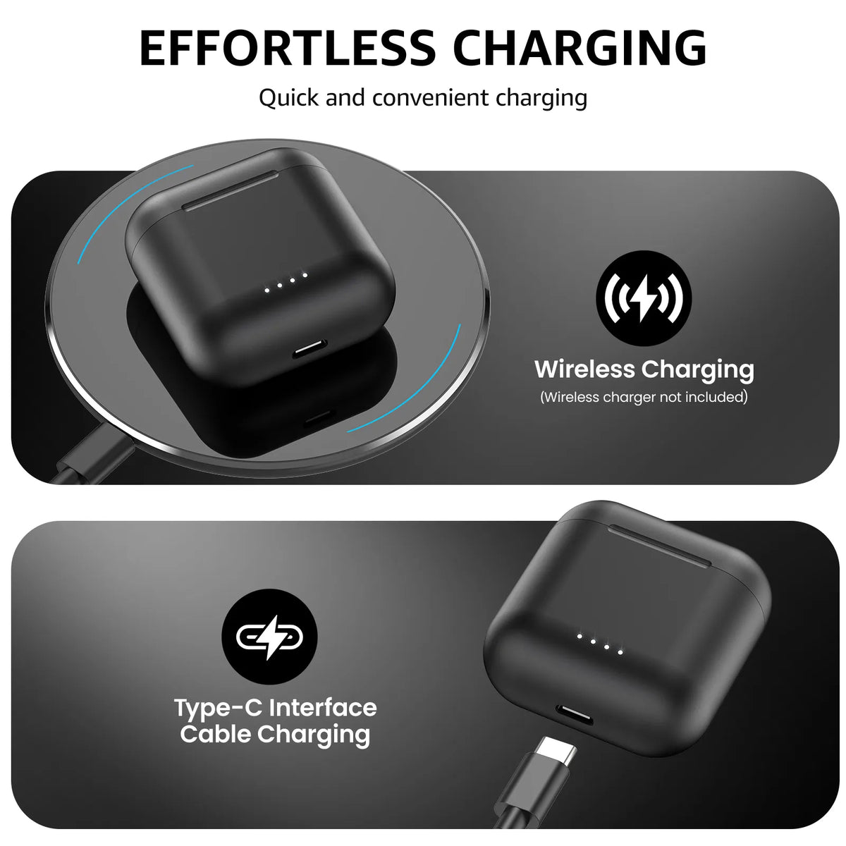 Wireless charging and Type-C interface cable charging options on a black background