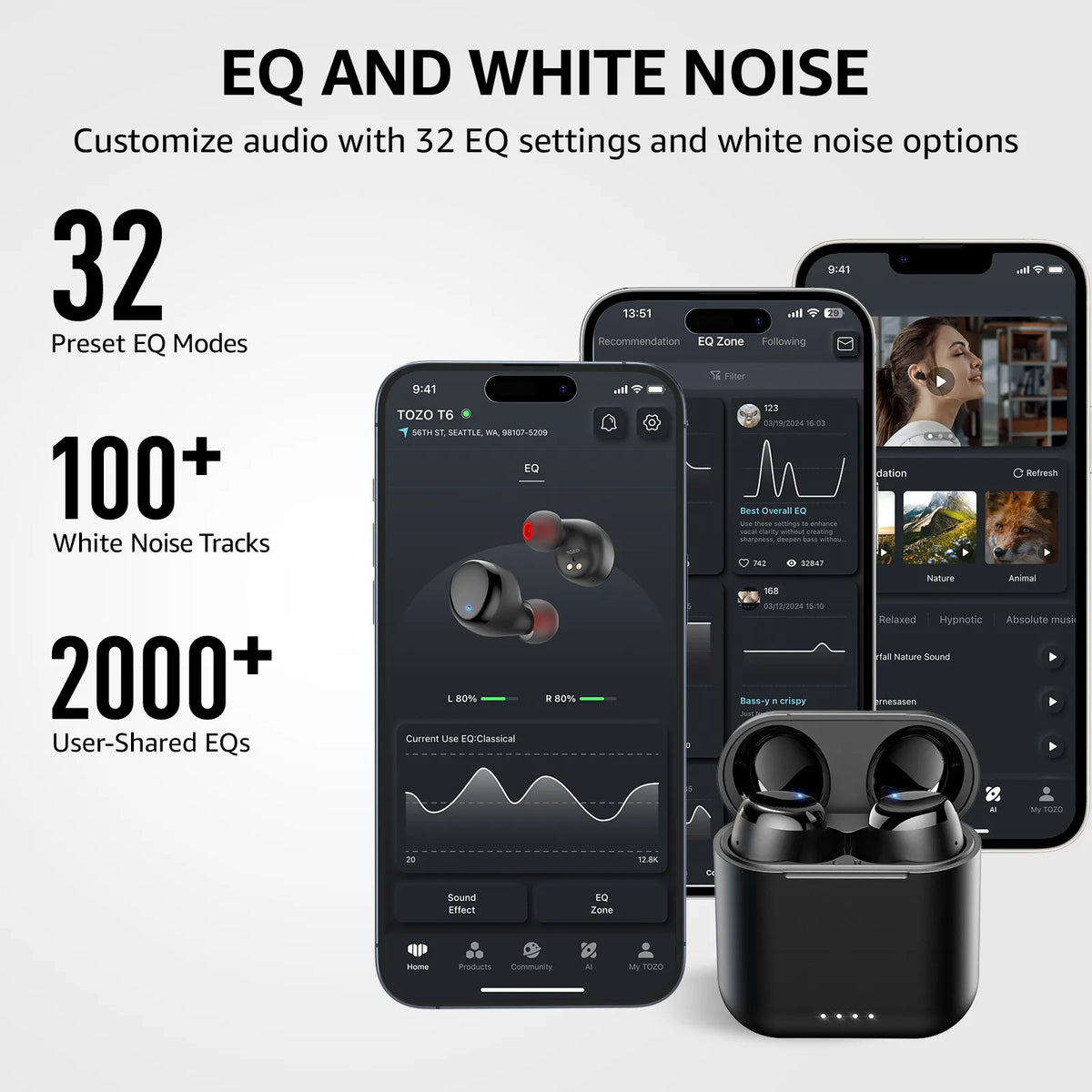 Black wireless earbuds with charging case and smartphone app interface on a white background